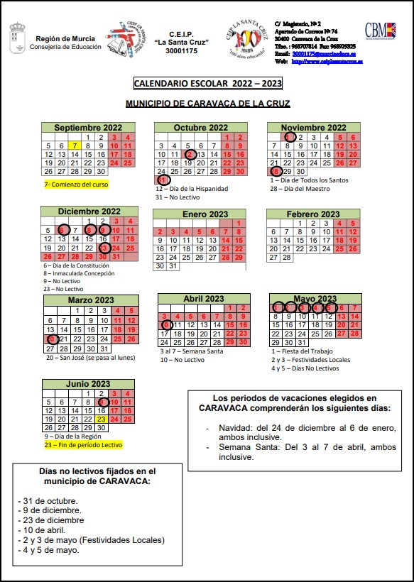 Calendario escolar (CEIP La Santa Cruz)